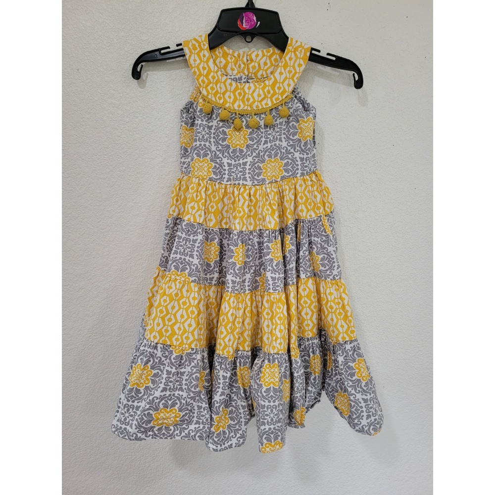 Jelly the Pug Girls 2T Yellow Grey Damask Tiered Pom Pom Ruffle‎ Dress #10
